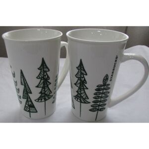 Starbucks 2015 tall coffee mugs set of 2 Christmas Tree green and white tea